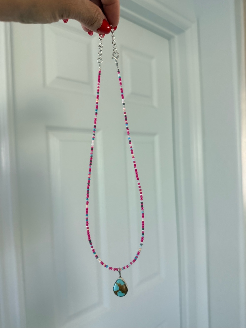 Pink Bead Necklace with Number 8 Turquoise Teardrop Pendant